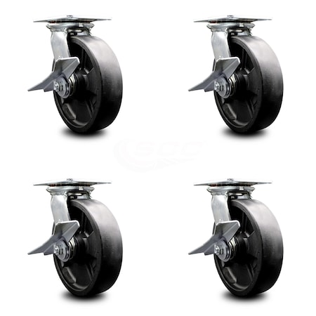 Service Caster 8 Inch Heavy Duty Glass Filled Nylon Caster Set with Ball Bearings and Brakes SCC-35S820-GFNB-SLB-4